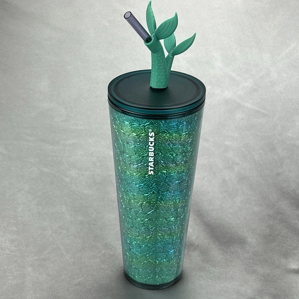 Starbucks Siren Mermaid 24 oz Cold Cup Iridescent Teal Tail Straw Top Tumbler